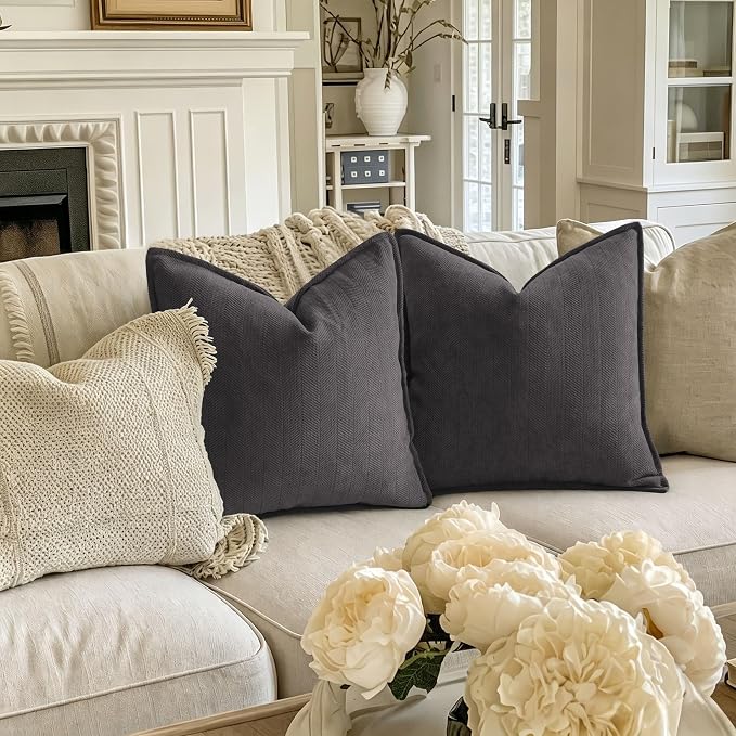 Rustic Gray Pillow Covers 26x26 Set of 2 Chenille Throw Pillow Covers with Elegant Design Soft and Luxurious Decorative Throw Pillows for Couch, Bed, and Home Decor