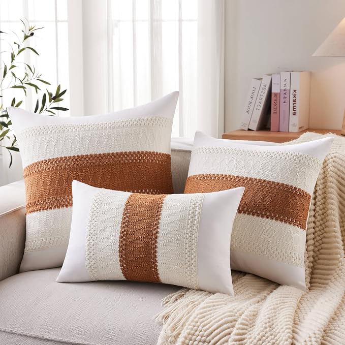 2pk Boho Pillow Covers 18x18, Natural White/Contrast/Caramel | 100% Organic Cotton Body, Stripe Embroidery, Farmhouse Decorative Cushion Covers for Sofa Bed Living Room Home Decor