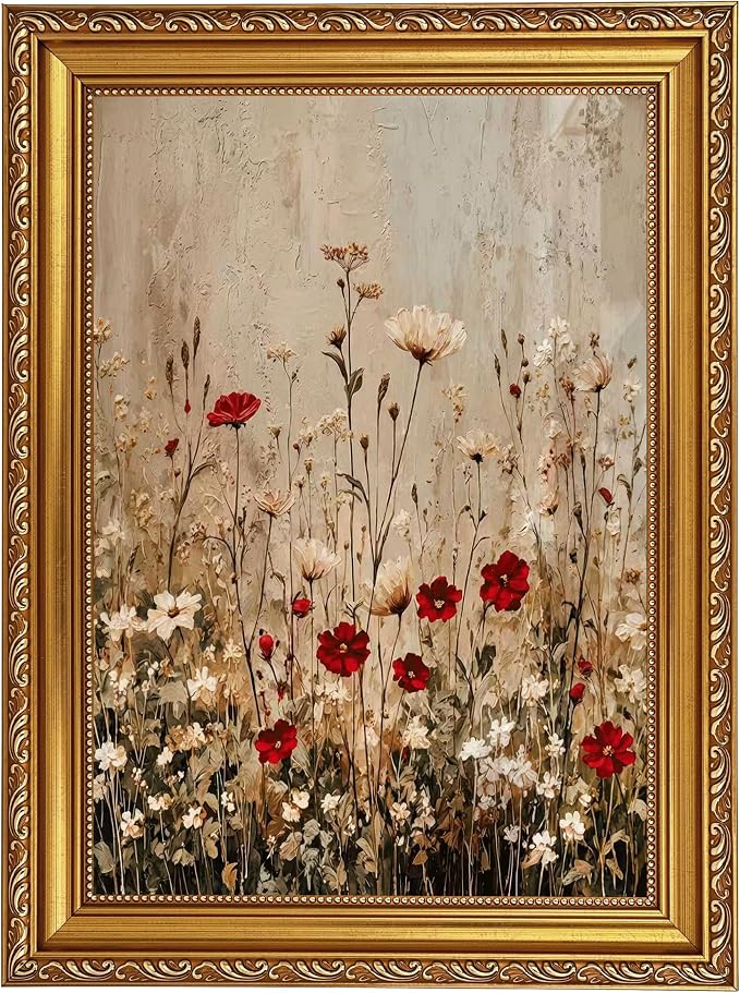 Framed Wildflower Canvas Wall Art,Neutral Plant Picture Wall Decor16x12in | Country Cottagecore Floral Print Artwork For for living room, bedroom, hallway, office or entryway.