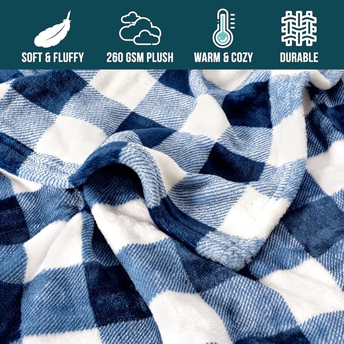 PAVILIA Buffalo Check Fleece Throw Blanket | Blue White Checkered Plaid Flannel Blanket | Soft Velvet Lightweight Microfiber Blanket for Bed Couch Sofa | 60x80 Inches Checker Navy
