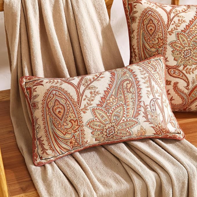 Vintage Linen Throw Pillow Cover,Set of 2,20"x12"-Chauffrey A | Designer Elegant Rectangle Pillow Cover,Concealed Zipper Design,Cashew Pattern,Sofa,Bedroom,Living Room,Lounge Chairs