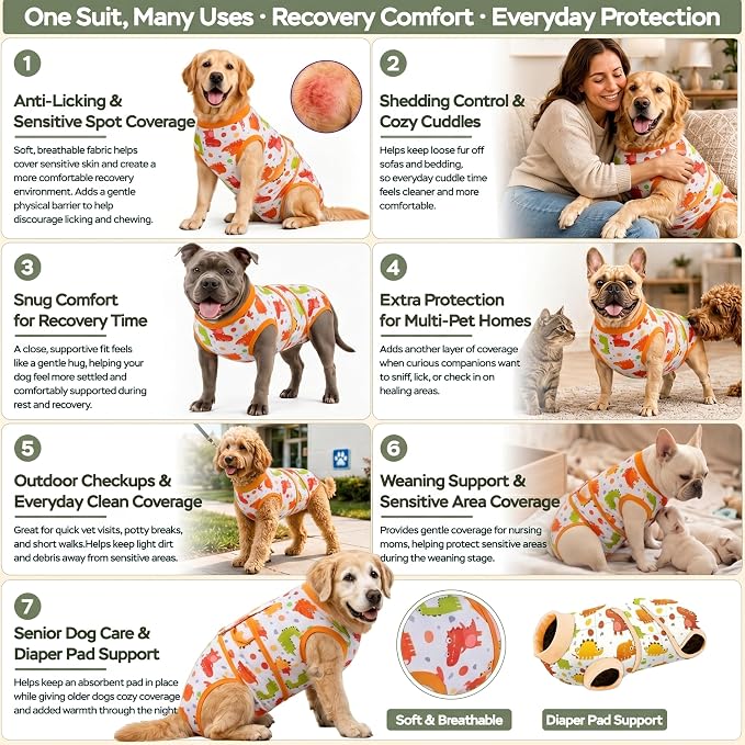 PetWarm Dog Neuter Recovery Suit, Onesie for Dogs After Surgery, Professional Dog Recovery Shirt Abdominal Wounds Bandages Substitute E-Collar and Cone, Dinosaur Pattern, Yellow, 2XL