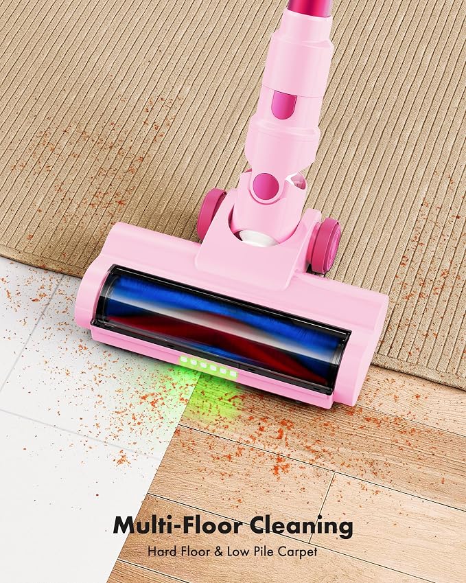 Trucozie Cordless Vacuum Cleaner, 8-in-1 Lightweight Stick Vacuum with 45mins Runtime, Powerful Suction, Green Light & Self-Standing Vacuum Cleaners for Home, Hardwood Floors, Carpet, Pet Hair, Pink