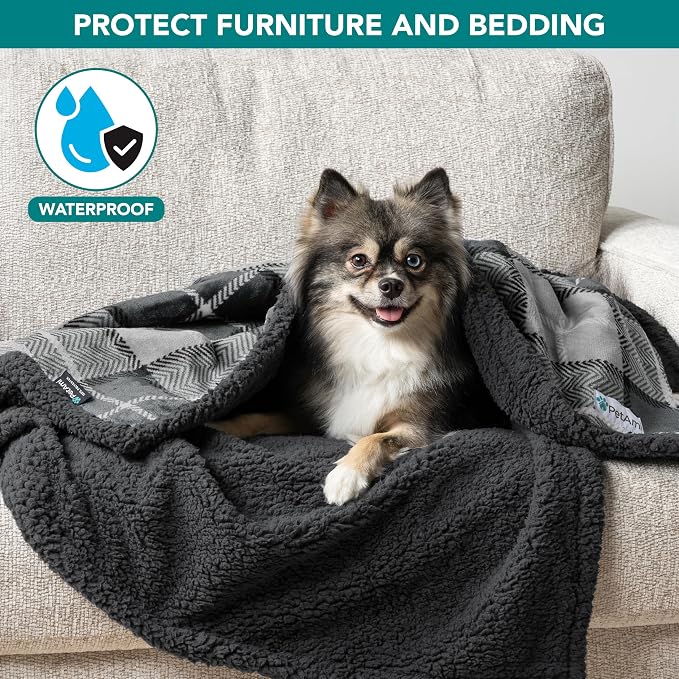 PetAmi Waterproof Dog Blanket for Small Dog Puppy Cat, 29x40, Plaid Grey | 460 GSM Sherpa Fleece Reversible, Pee Proof Pet Blanket, Furniture Protector Cover for Couch Sofa Kennel Crate, Washable