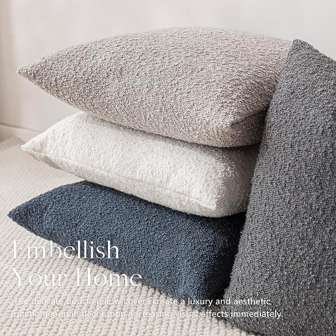 Foindtower Set of 2, Decorative Textured Boucle Throw Pillow Covers Accent Solid Pillow Cases Soft Cozy Couch Cushion Case for Chair Sofa Bedroom Living Room Home Decor 16 x 16 Inch Neutral Grey