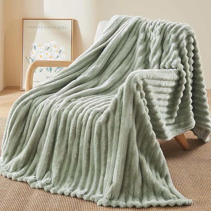 NEWCOSPLAY Fleece Ribbed Cozy Throw Blanket for Couch, Sage Green, 50"x60" | Premium Silky Flannel Blanket, Soft Lightweight Fluffy Throw Blanket for Bed Sofa Decor, Gift for All Season Use