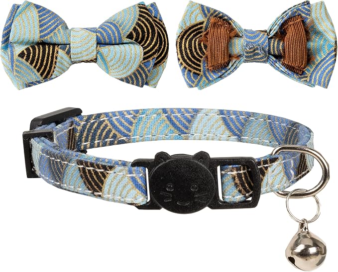 Collar for Cat Pet Breakaway with Bell Bowtie Detachable Bow Adjustable Safety Kitten Puppy Girl Boy 2pcs Kimono-Blue & Pink