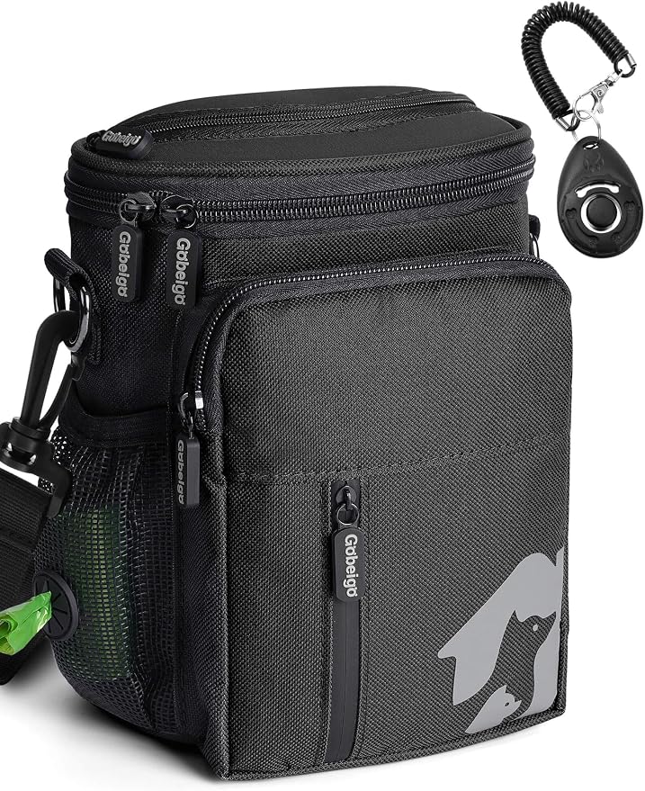Gobeigo 8 Cup Dog Treat Pouch with Training Clicker(Full Black) | 3 Ways to Wear/ Built-in Poop Bag Dispenser/ Zipper Front Pocket Phone Friendly Treat Bag for Pet Training & Walking