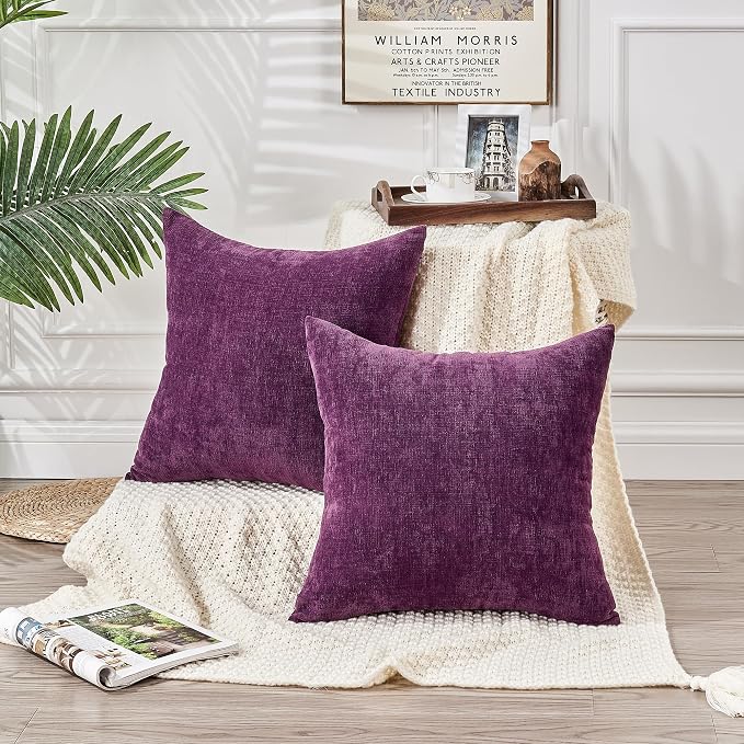 GAWAMAY Decorative Chenille Throw Pillow Covers 24x24 Inch Pack of 2, Soft Square Couch Pillow Cover for Sofa Cushion Living Room Bedroom Solid Dyed Pillowcases Purple 60x60cm (ONLY Covers)