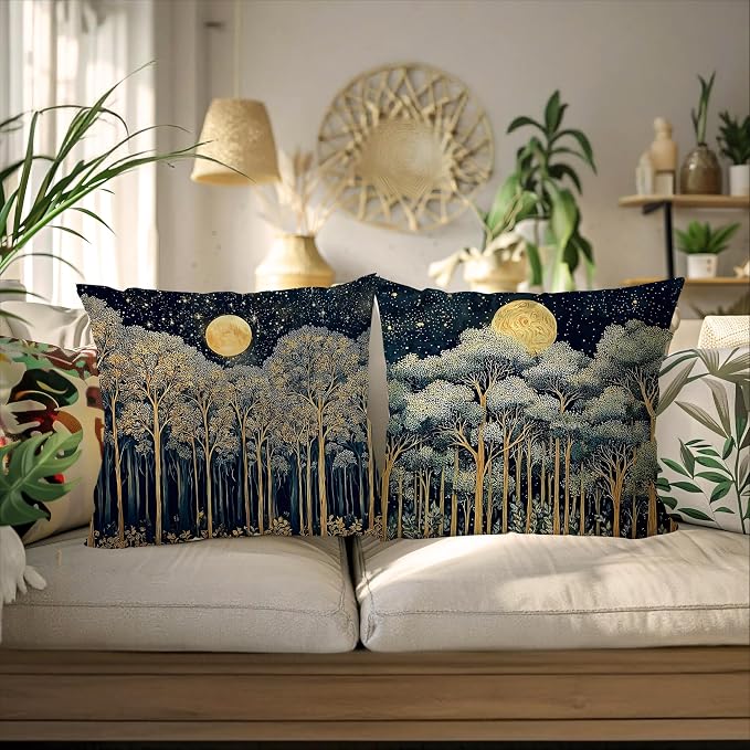 Rustic William Morris Night Forest Green Moon Decor Pillow Covers 18x18 Set of 2,Vintage Botanical Nature Landscape Decorative Throw Pillow Covers for Home Bedroom Living Room