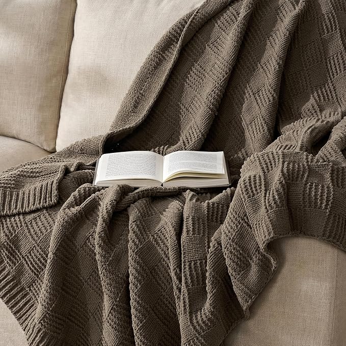 EVERGRACEHOME Modern Checkered Chenille Throw Blanket, 50x60, Mocha Brown | Lightweight Warmth, All-Season Breathability, OEKO-TEX certified, Timeless Grid Pattern, Farmhouse Throw for Couch, Bed, Sofa