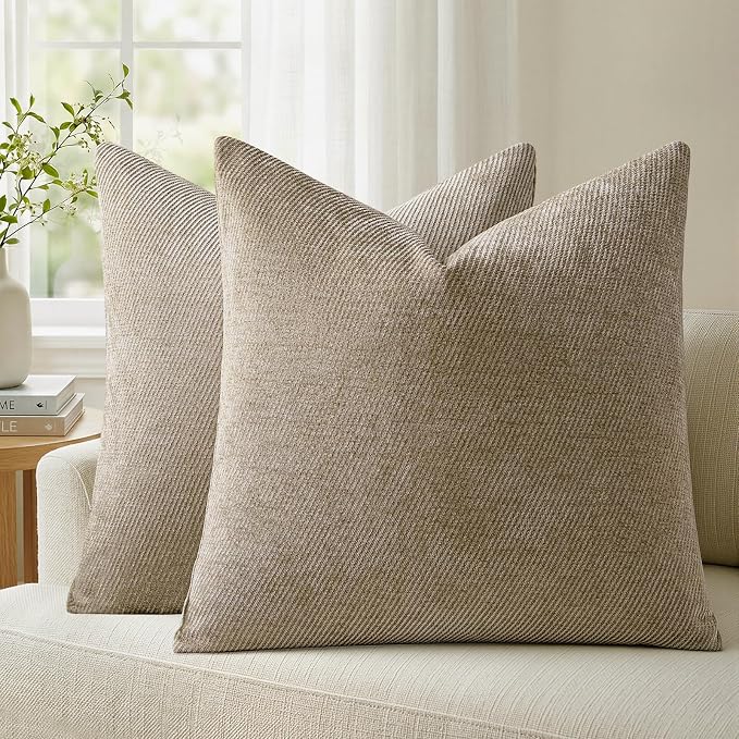 a moment Pack of 2 Decorative Chenille Throw Pillow Covers with Twill Cushion Covers for Sofa Living Room Couch Bed 18x18 Inch Light Brown