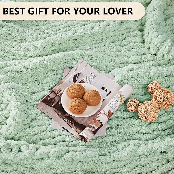 L'AGRATY Chunky Knit Throw Blanket for Couch, 60 x 80 Inches, Milky Green | Handmade Chenille Crochet Blanket for Sofa Bed, Thick Cable Knitted Blankets for Room Home Decor, Birthday Gift for Women Mom