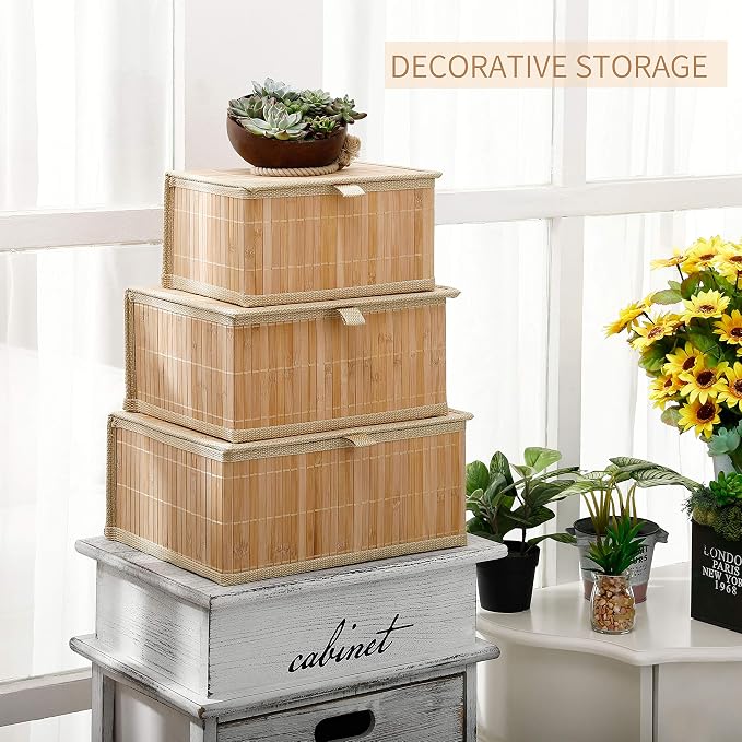Honygebia Bamboo Decorative Storage Boxes - Set of 3 Woven Lined Storage Basket with Lids, Beige Wicker Lidded Baskets for Home Kitchen Shelf Organizer Decor