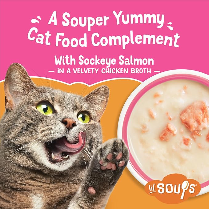 Friskies Purina Grain Free Lickable Cat Food Toppers Lil’ Soups with Sockeye Salmon in Chicken Broth - 1.2 oz. Cups,(Pack of 16)