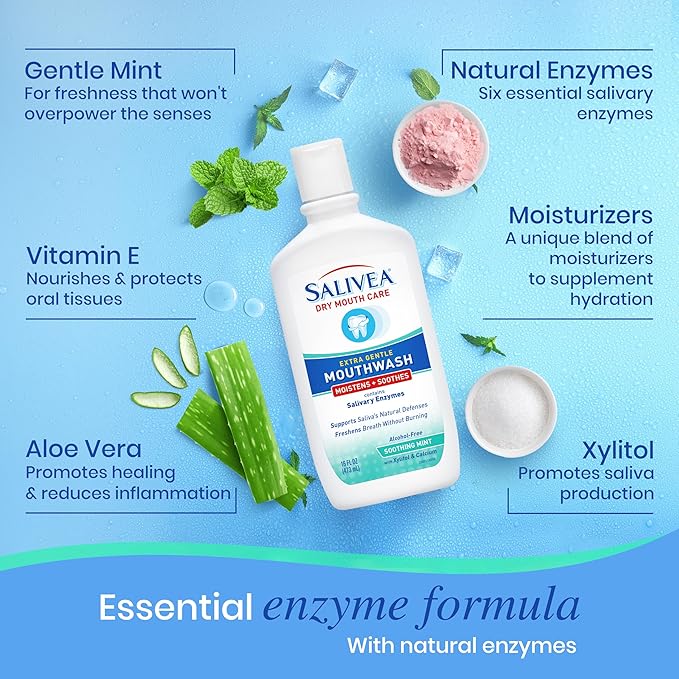 SALIVEA Dry Mouth Mouthwash - Soothing Mint Mouthwash with Natural Salivary Enzymes - Gentle Mouthwash to Aid Dry Mouth Care - Breath Freshener & Dry Mouth Care - Mint Flavor (16 oz Bottle)