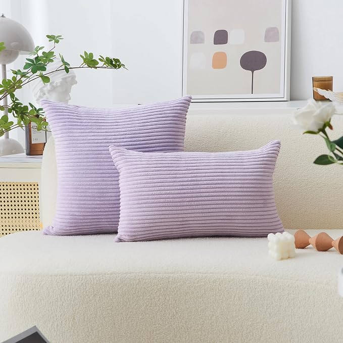 Home Brilliant Decorative Throw Pillow Cover 20 x 20 Soft Corduroy Pillow Cover Velvet Striped Pillow Cover for Sofa Couch Chair Car Light Purple, 20x20 inch (50cm), Lavender