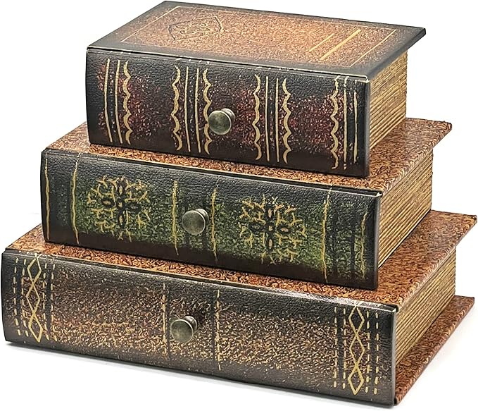 Bellaa 21093 Decorative Book Box with Drawers Hidden Storage Trinket Vintage Antique Flux Leather Wooden Boxes Organizer Retro Farmhouse Boho Home Decor 8 by 6 Inches