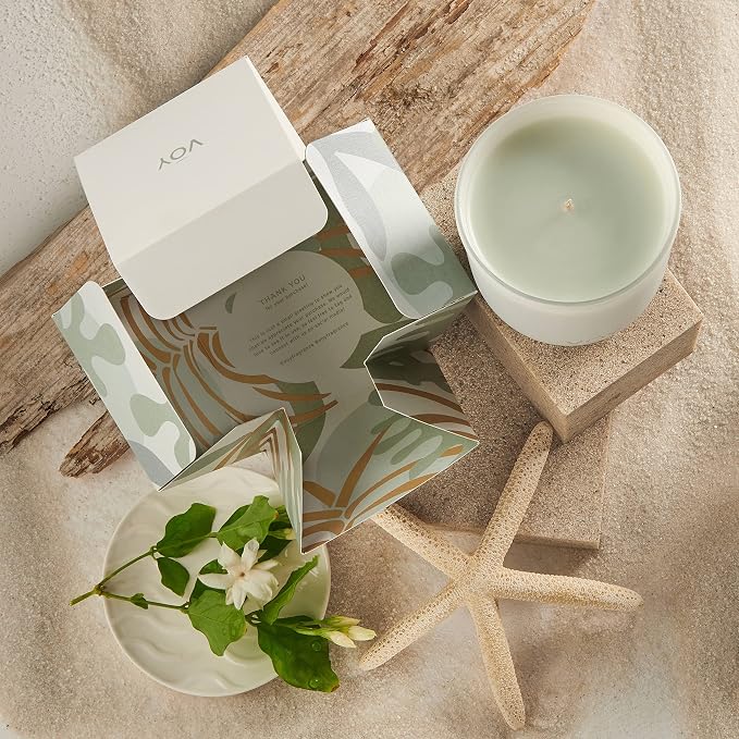 VOY Scented Candle, Crackling Wood & Salty Air of Beach Bonfire Scent, 55 Hour Burn Time, Blended Soy Candle, High-Fragrance Load, 8 oz Jar Candle, Aromatherapy Candle with Sustainable Gift Packaging