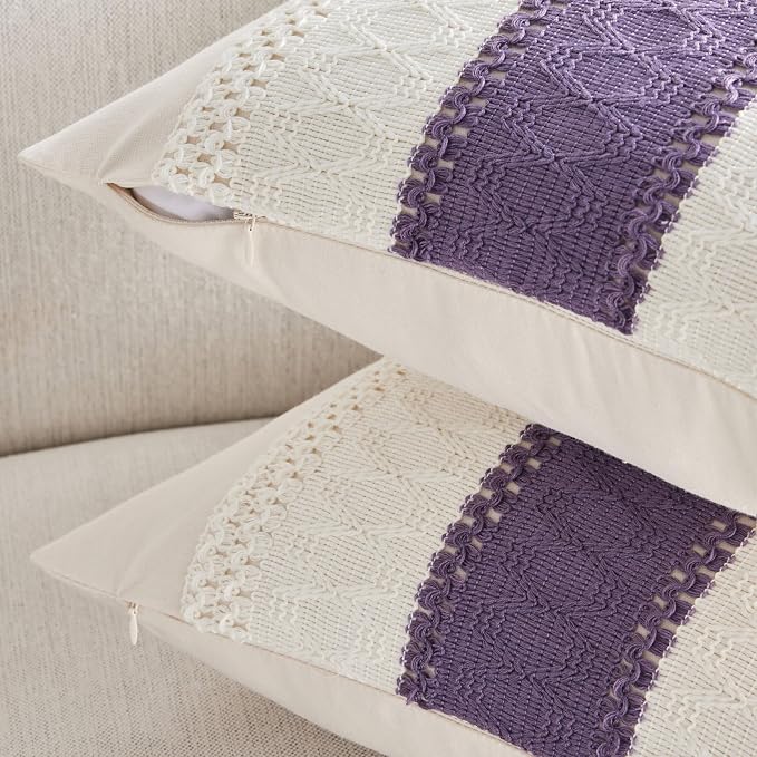 2 Pack Boho Throw Pillow Covers, Contrast Purple 16x16in | Soft Breathable Cotton, Farmhouse Decorative Couch Pillow Cases, Cushion Covers for Sofa Bed Living Room Home Decor