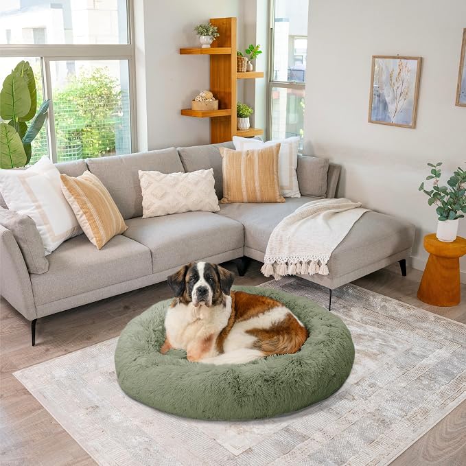 Best Friends by Sheri The Original Calming Donut Dog Bed for Extra-Large Dogs up to 150 lbs, Shag Faux Fur, Sage Green, 45" x 45"