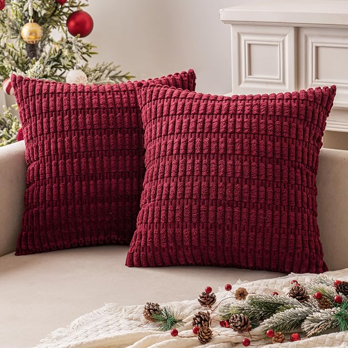 MIULEE Corduroy Decorative Throw Pillow Covers 18x18 Burgundy Pack of 2 | Soft Boho Striped Pillow Covers Modern Farmhouse Home Decor For Sofa Living Room Couch Bed