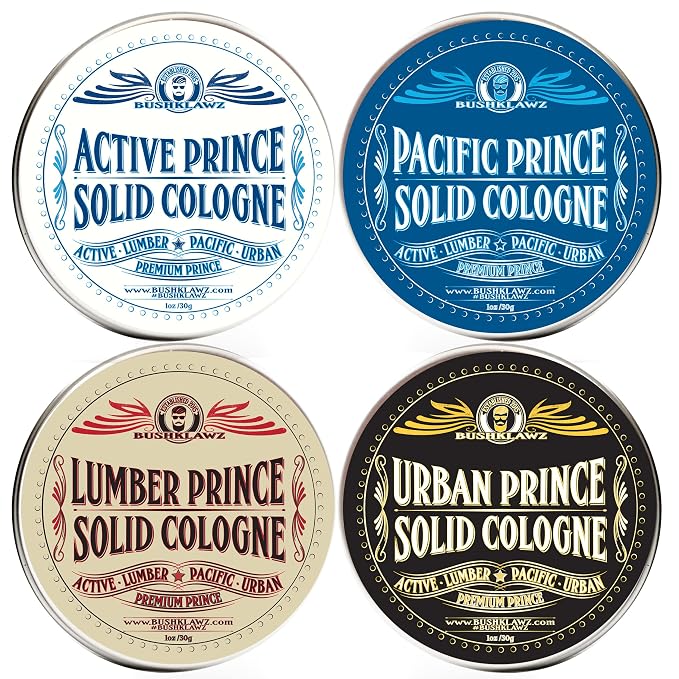 BushKlawz Active Prince Solid Cologne 1 oz Full Size Alcohol Free Natural Concentrated Travel Friendly Tins Men's Fragrance Manly Scents to Satisfy all Types of Viking Cannon Black Prime