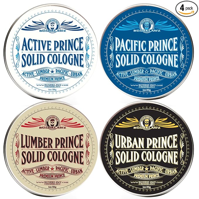 Premium Prince Solid Cologne 1 oz Variety Gift Set Alcohol Free Natural Concentrated Full Size Travel Friendly Tins Men's Fragrance 4 Manly Scents to Satisfy all Types of Viking Cannon Black Prime