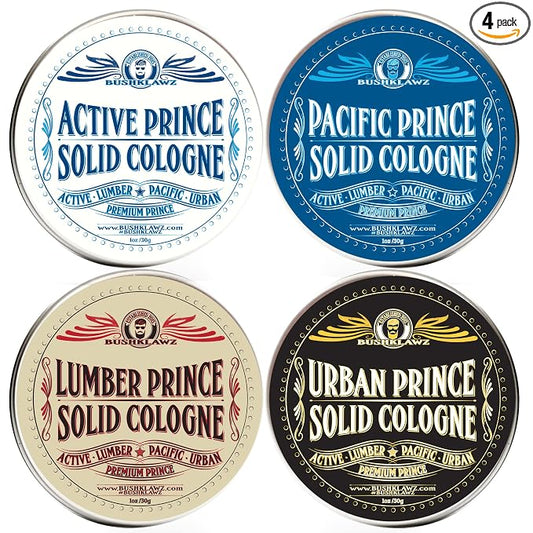 Premium Prince Solid Cologne 1 oz Variety Gift Set Alcohol Free Natural Concentrated Full Size Travel Friendly Tins Men's Fragrance 4 Manly Scents to Satisfy all Types of Viking Cannon Black Prime