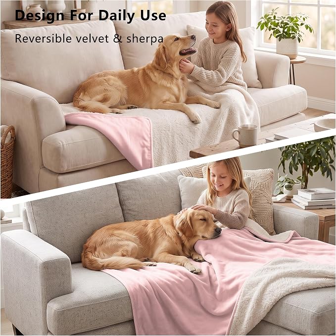 Waterproof Blanket for Dogs - Pet Throw as Furniture Protector | Cozy Sherpa & Smooth Velvet, Reversible and Machine Washable, for Couch, Bed, or Travel, 30"x40", Pink