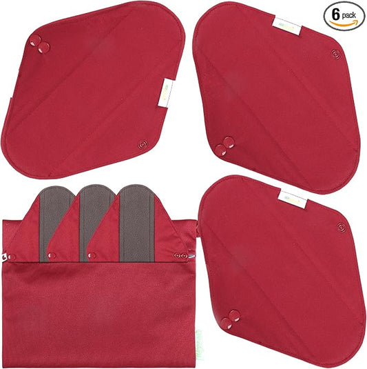 Wegreeco Cloth Menstrual Pads - Soft Washable Pads for Women - Reusable Panty Liners for Women - 6 Pack with 1 Cloth Mini Wet Bag (Small, Burgundy)