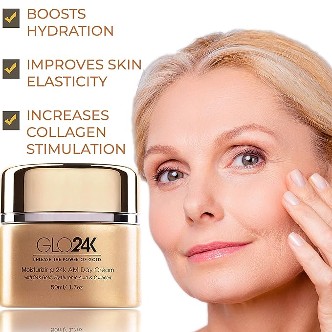 GLO24K Moisturizing Day Cream with 24k Gold, Hyaluronic Acid, Collagen, and Vitamins. For Optimal Hydration.