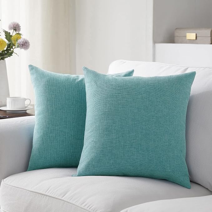 Meekio Set of 2 Turquoise Pillow Covers 20 x 20 Inch Farmhouse Boho Decorative Throw Pillow Covers Linen Cushion Covers for Sofa Couch Décor