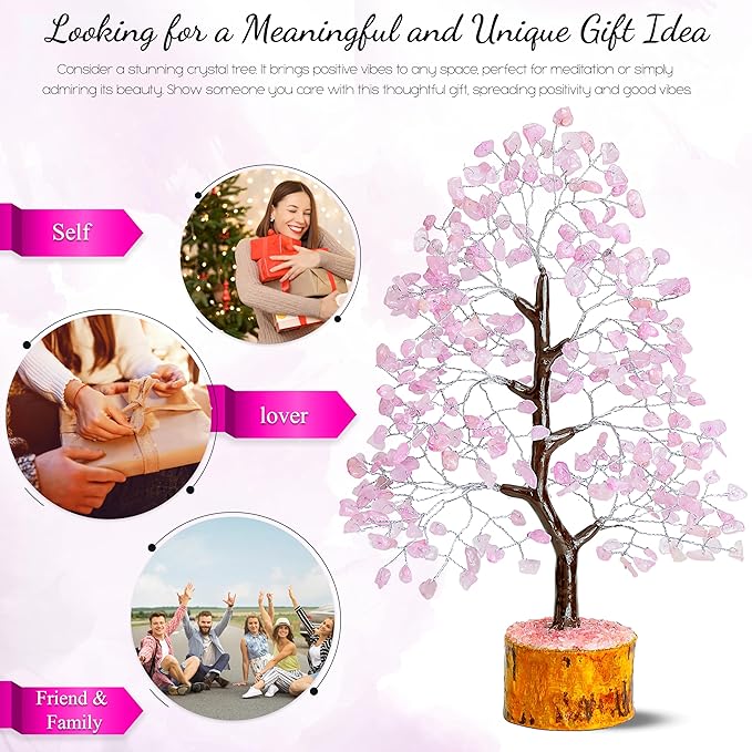 Crocon Rose Quartz Crystal Tree Home Decor and Pink Valentine's Day Gift Healing Crystals Chakra Tree of Life Birthday Gifts for Women Mom Her Sister House Warming Gifts New Home Spiritual Presents