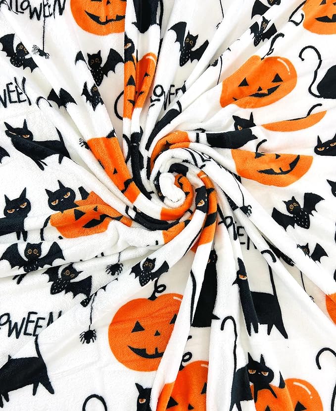 Halloween Fleece Throw Blanket, Cute Black Cats, Bats & Pumpkins, 50x70 in | Ultra-soft cozy flannel fleece, for sofa couch bed chair & dorms, spooky Halloween décor, durable and machine washable.