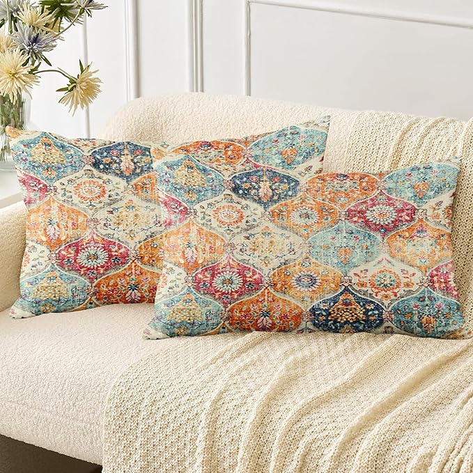 Boho Throw Pillow Covers 12x20 inch Set of 2,Soft Pillowcases Bohemia Carpet Printing Pattern Decorative Sofa Living Room Bed Rectangle Pillow Case Cushion Cover-Cream Color
