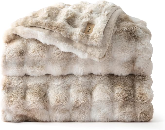 Bedsure GentleSoft Bubble Faux Fur Blankets Queen Size, Fluffy Fuzzy Queen Blanket for Bed, Soft Cozy Faux Fur Bedding for Winter, Thick Warm Plush Bed Cover, Tie-dye Taupe, 90x90