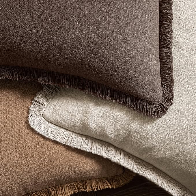 MIULEE Boho Linen Fringe Decorative Fall Pillow Covers Reddish Brown 12x20 | Set of 2, Cottagecore Decor, Boho Farmhouse Neutral Pillow Covers, Rustic Fall Couch Cushion Cases for Sofa Bed Living Room