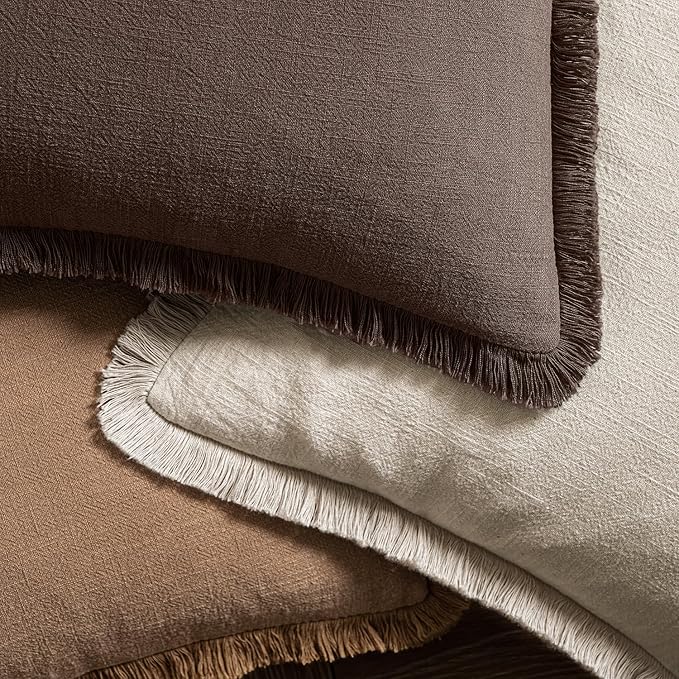 MIULEE Boho Linen Fringe Decorative Fall Pillow Covers Reddish Brown 26x26 | Set of 2, Cottagecore Decor, Boho Farmhouse Neutral Pillow Covers, Rustic Fall Couch Cushion Cases for Sofa Bed Living Room
