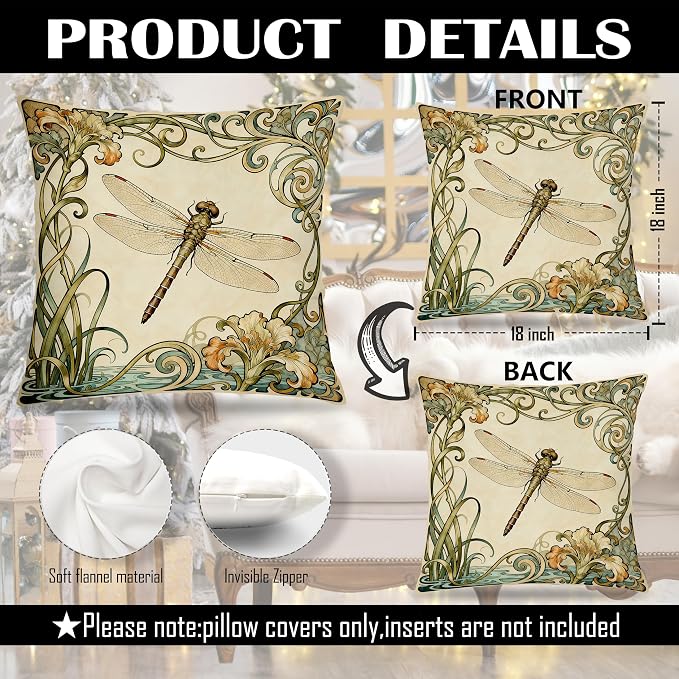 Vintage Floral Dragonfly Pillow Covers 18x18 Set of 2, Dragonfly Gifts for Women, Cottagecore Art Nouveau Nature Insect Decorative Pillow Covers for Home Living Room Bedroom