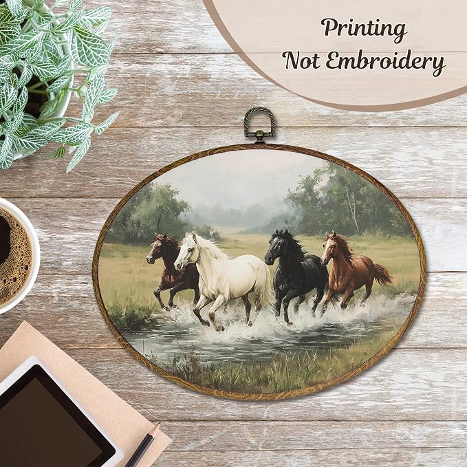 LKETW Vintage Horse Oval Wall Art Decor, Rustic Farmhouse Equestrian Oval Canvas Hanging Decor, Wild Horse Running Wall Decorations for Home Bedroom Living Room, 11.4x8.6 Inch