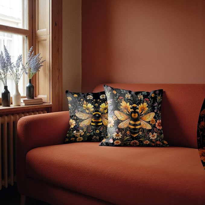 William Morris Inspired Wildflower Bumblebee Pillow Covers 18x18 Set of 2, Bee Lover Gifts, Dark Cottagecore Botanical Summer Honey Bee Decorative Throw Pillow Covers for Home Living Room