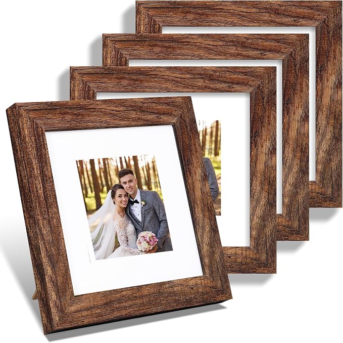 Hongkee 6x6 Picture Frame Set of 4, Made of Glass and Rustic Brown Wooden Frame - Display Picture 4x4 with Mat or 6 x 6 Without Mat, 6x6 Photo for Wall or Tabletop