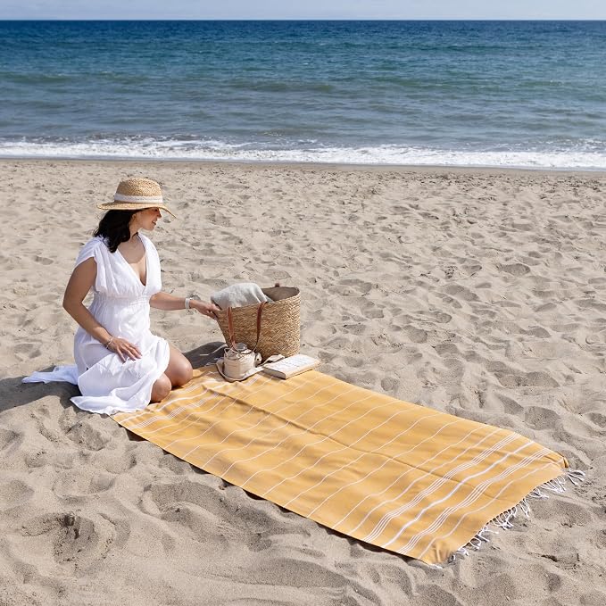 WETCAT Turkish Beach Towel Oversized (38"x71") 100% Turkish Cotton, Made in Turkey - Sand Free, Extra Large, Ultra Soft, Quick Drying, Compact & Lightweight for Travel - Honey Gold