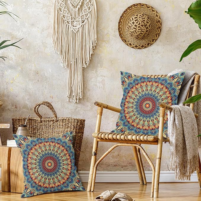 Boho Mandala Floral Pillow Covers 18X18 Inch Set of 2 Navy Blue Orange Abstract Flower Decorative Pillow Cases Colorful Retro Ethnic Cotton Linen Cushion Case Home Decor For Sofa Couch Porch Outdoor