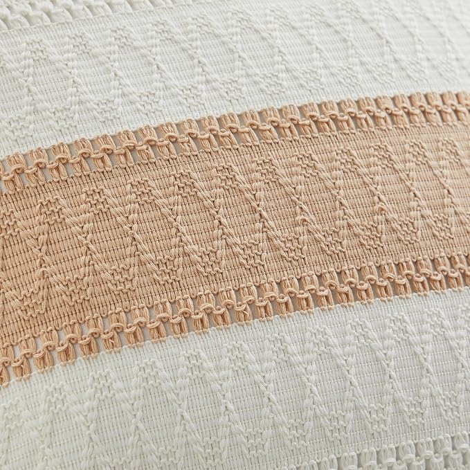 2pk Boho Pillow Covers 16x16, Natural White/Contrast/Beige | 100% Organic Cotton Body, Stripe Embroidery, Farmhouse Decorative Cushion Covers for Sofa Bed Living Room Home Decor