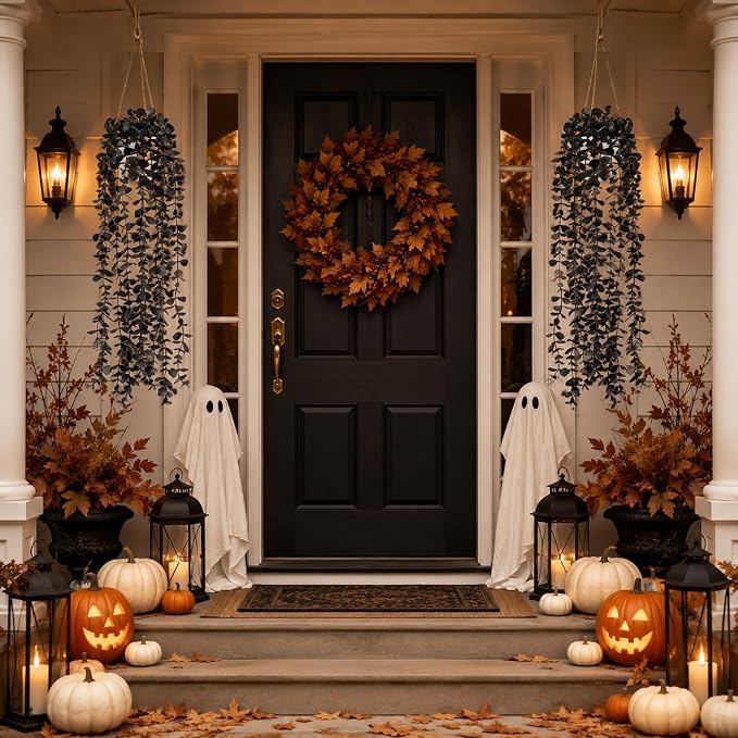 Der Rose Fake Eucalyptus Hanging Plants for Halloween Party Decorations | Black faux plants indoor for gothic bathroom decor, shelves and mantels, bringing moody depth to Halloween decorations indoor
