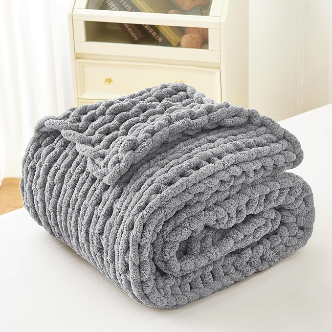 Chunky Knit Blanket Throw for Couch, 51"x63" Chunky Yarn Knitted Blankets | 100% Hand Knit Thick Chenille, Soft Breathable for Bed, Sofa, Home Decor, Cozy Gifts for Women Friends, Dark Gray