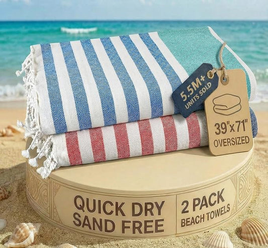LANE LINEN Beach Towels for Women - 2 Pack Large Beach Towels Oversized, Pre-Washed, Sand Free Towel, Quick Dry, Lightweight and Soft Bath Towel, 39"x71" - Old Glory Teal