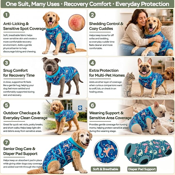 PetWarm After Surgery Onesie for Dogs, Pet Coat's Inner Clothes, Dog Cone Alternative After Surgery Suit for Dogs Female Male Dog Onesie for Spay Neuter, Dinosaur Pattern, Green, XS
